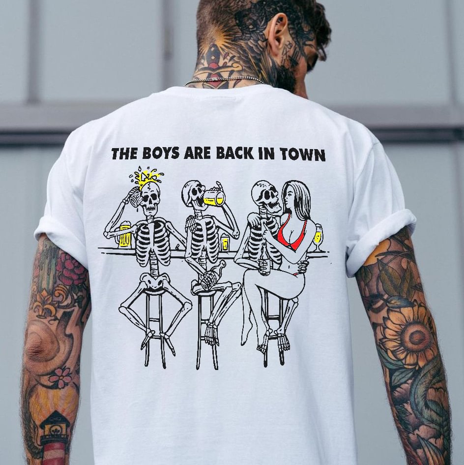 Cloeinc Skeleton beauty the boys are back in town designer T-shirt - Cloeinc