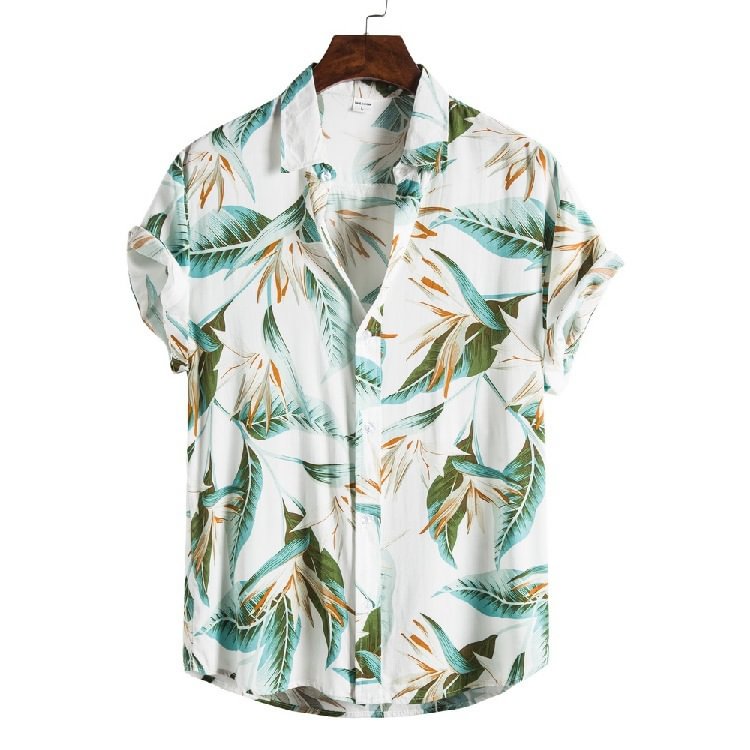 BrosWear Fashion Floral Leaf Printed Short Sleeve Shirt