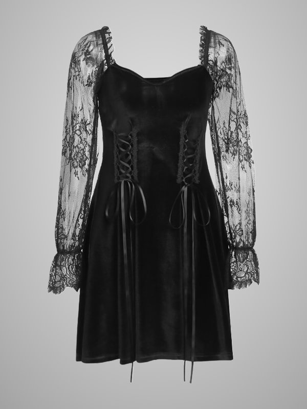 Dark Clothing Gothic Retro Vintage Lace Sleeve Tunic Velvet Black Dress