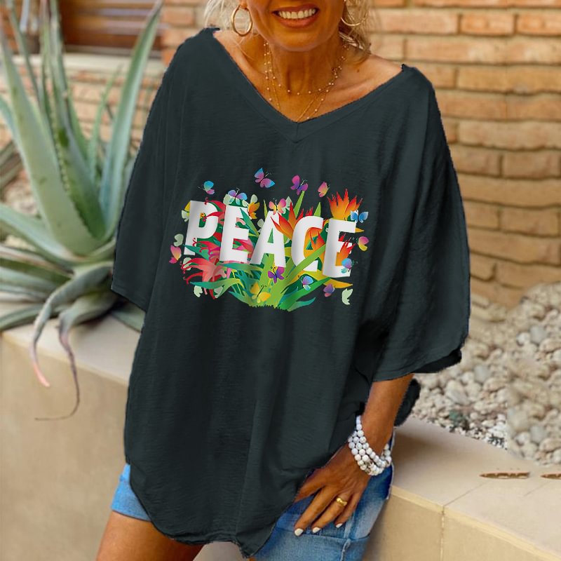 Peace Floral Pattern Design Women Simple V-neck Peace Tees Oversized