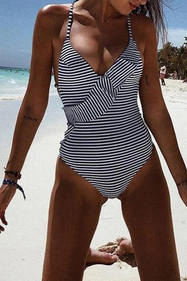 Striped Ruffled Sexy High Waist Swimsuit-Allyzone-Allyzone