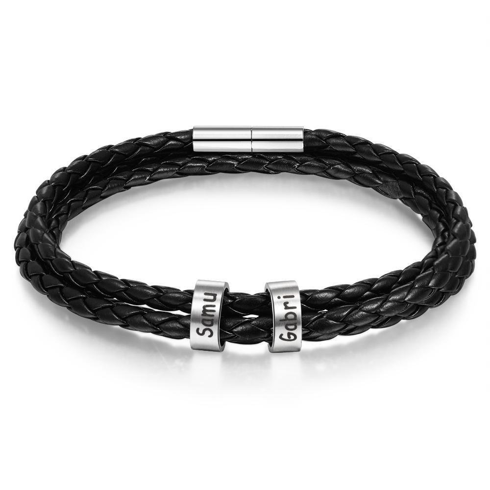 Leather Bracelet Custom Name Engraved 2 Beads for Men Women