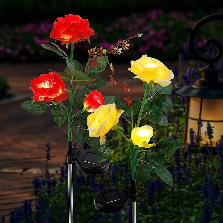 2 Pack Solar Garden Stake Lights, Outdoor Solar Rose Flower Lights with 6 Rose Flowers, (Red & Yellow) - Sean - Codlins