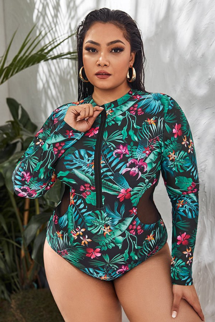 Palm Leaves Color High Neckline Long Sleeve Zipper One Piece Swimsuit