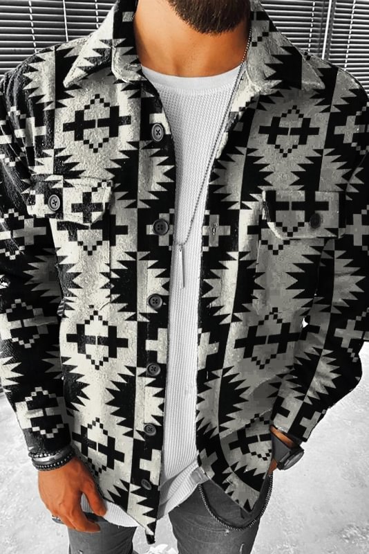 BrosWear Lapel Black and White Tribal Contrast Long Sleeve Jacket