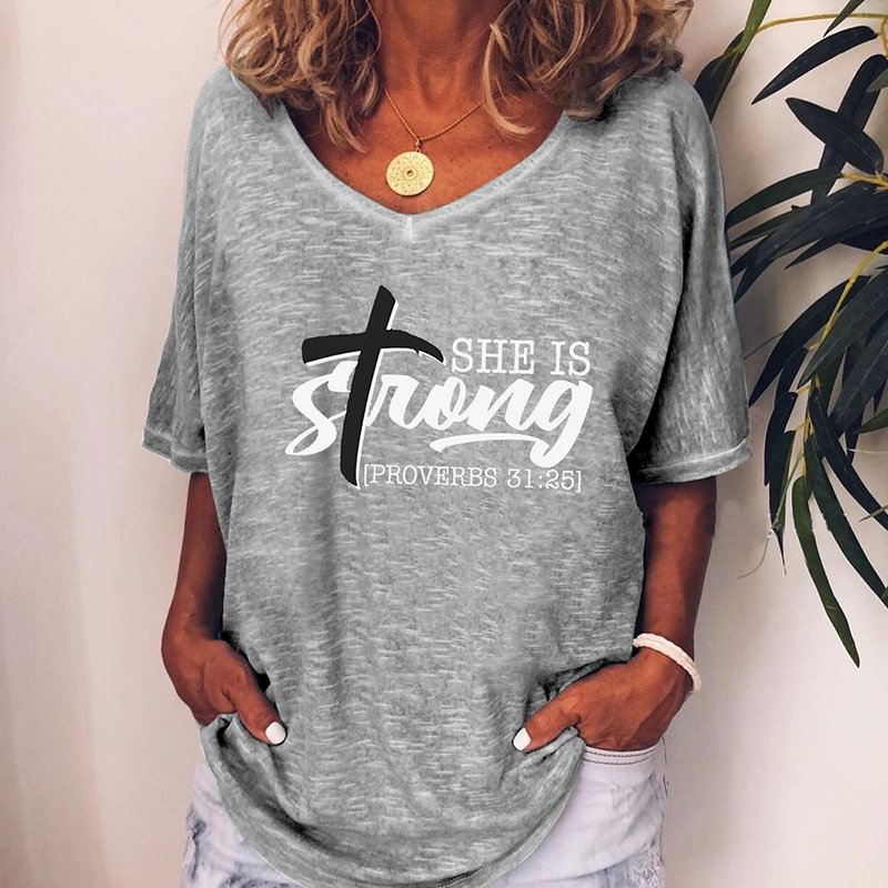 She Is Strong Print Casual V-neck T-shirt