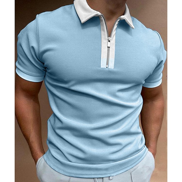 BrosWear Men's Solid Color Zip Collar Short Sleeve Polo Shirt blue