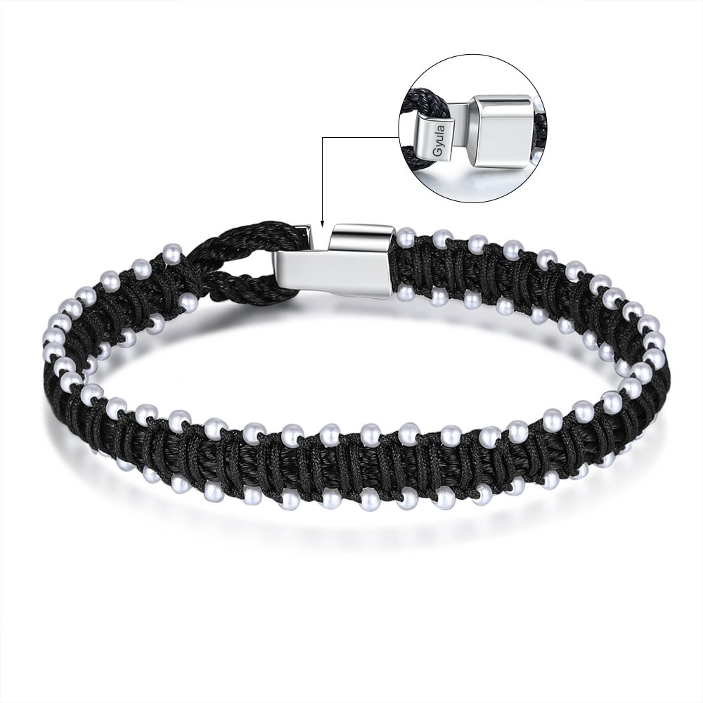 Personalised Men's Woven Black Cord Steel Bead Bracelet