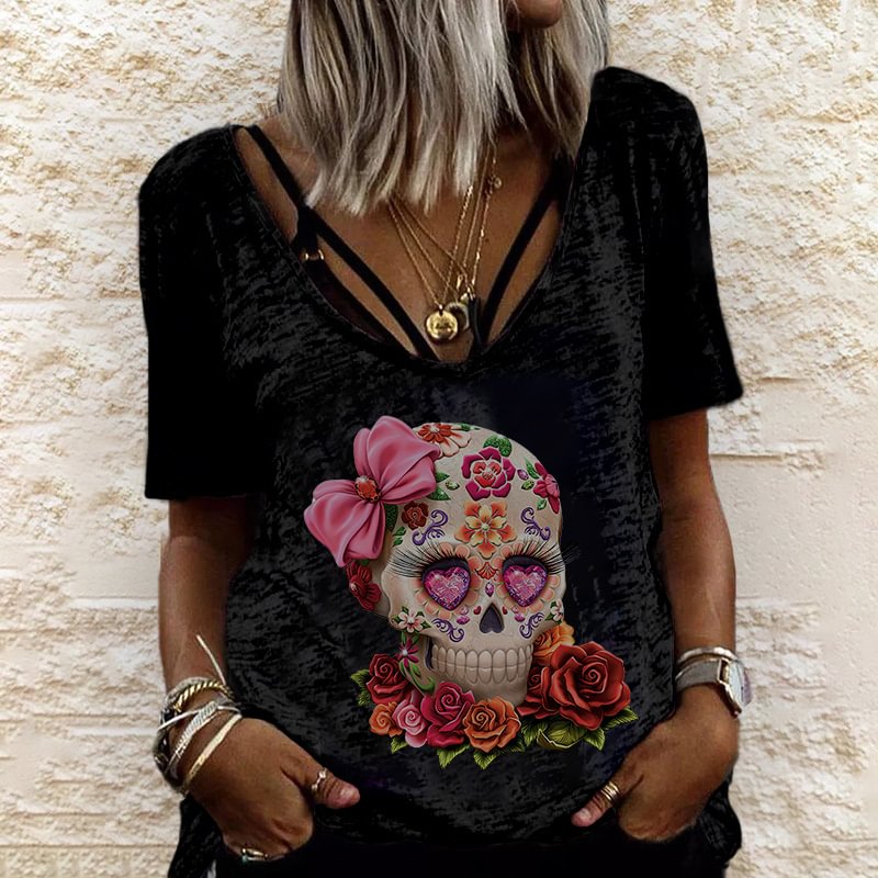 Beautiful Girl Skull Flower Print Women's V-neck Loose T-shirt