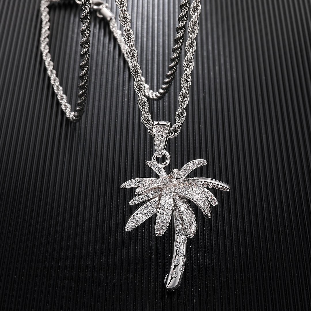 Iced Out Gold Silver Palm Tree Pendant Necklace-VESSFUL