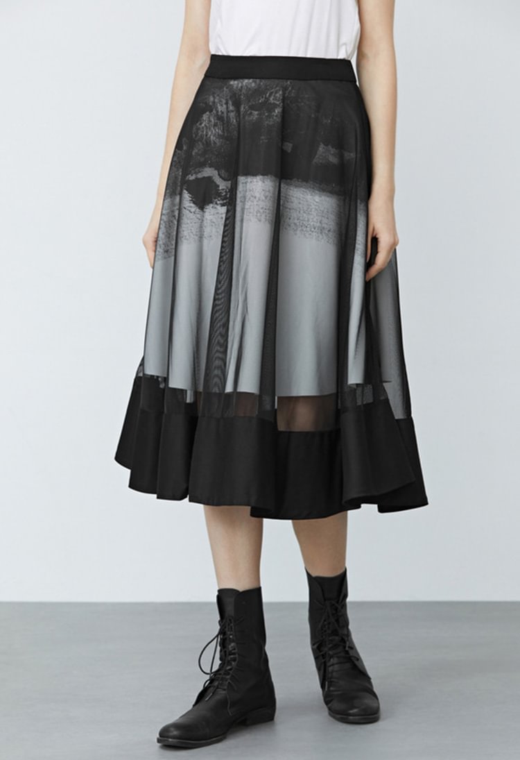 SDEER Smudge Contrast Mesh Stitching A-line Long Skirt