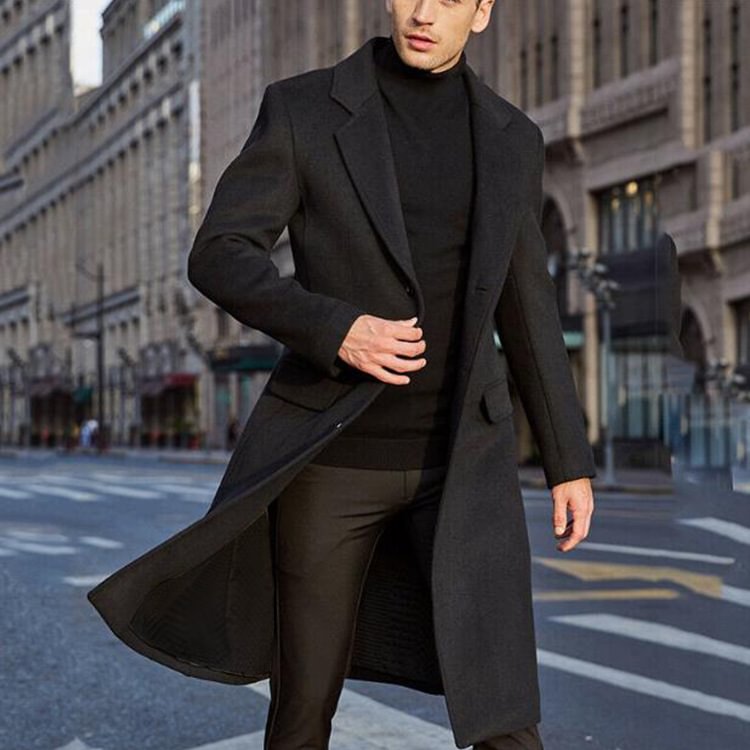 BrosWear Men's Gentle Casual Long Woolen Fall Winter Coat Black