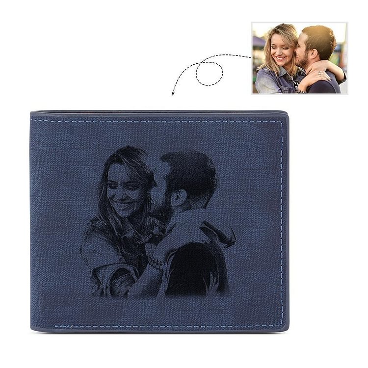 Custom Photo Men's Bifold Wallet Personalized with Engraving Blue Leather Gift For Dad