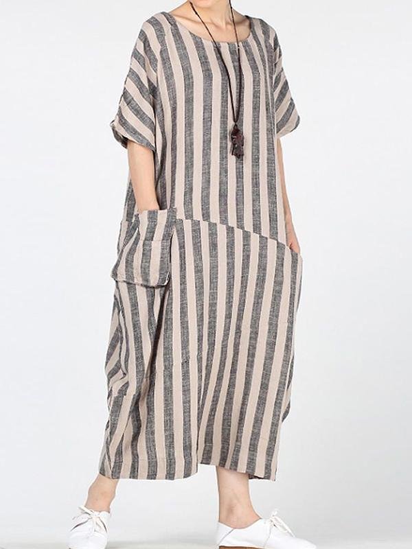 Patch Pocket Striped Loose Fit Linen Dress-Mayoulove