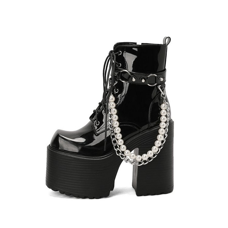 Square Toe Detachable Pearls & Chain Decoration Fleece Platform Boots