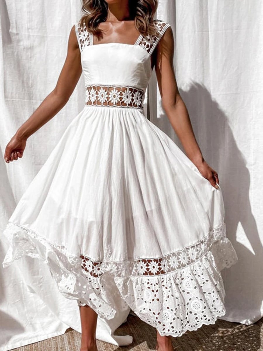 Solid Sleeveless Lace Hollow-out White Dress P15284