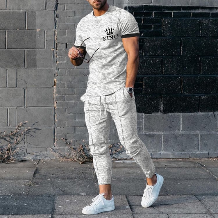 BrosWear Casual Light Grey King T-Shirt And Pants Two Piece Set