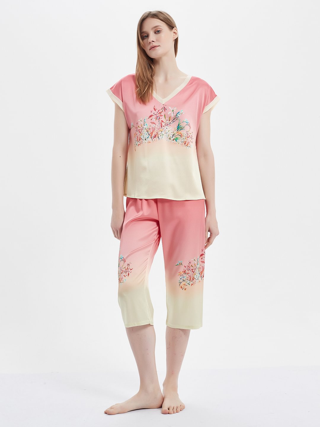 Contrasting Shades Floral Silk Pajamas