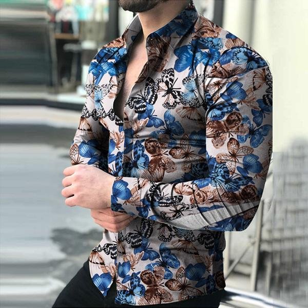 Men's Stylish Butterfly Printed Casual Slim Fit Long Sleeve Shirts-Corachic