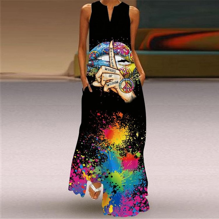 V-neck Pocket Print Dress-Mayoulove