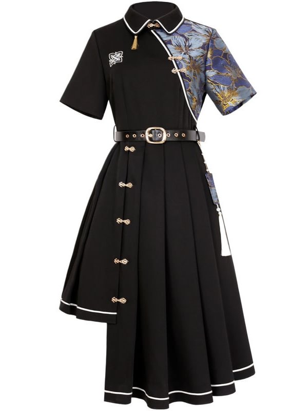 Chinese Style Paneled Fringed Buttons Decoration Asymmetrical Dress