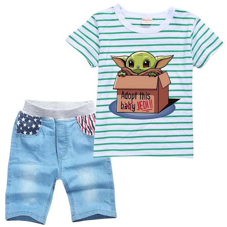 Girls Stripe Grogu Jedi Baby Yoda Print Boys T Shirt Denim Shorts Sets-Mayoulove