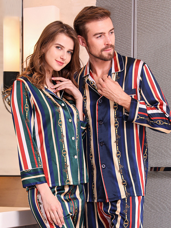 Stripes Printed Long Sleeves Couple's Silk Pajamas