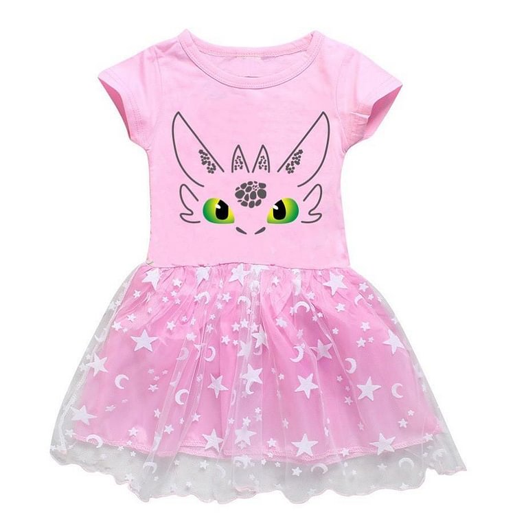 How To Train Your Dragon Print Girls Pink Purple Moon Star Tulle Dress-Mayoulove