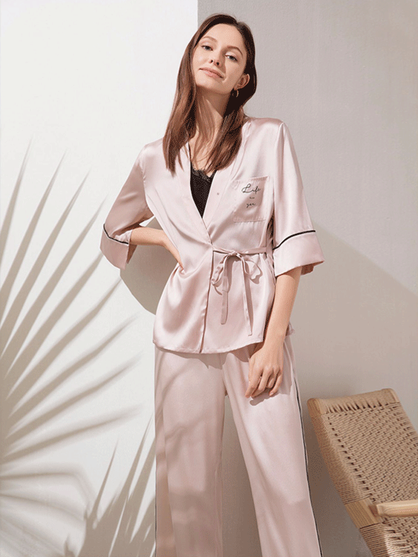 Pyjama en soie rose élégant style Kimono-Soie Plus
