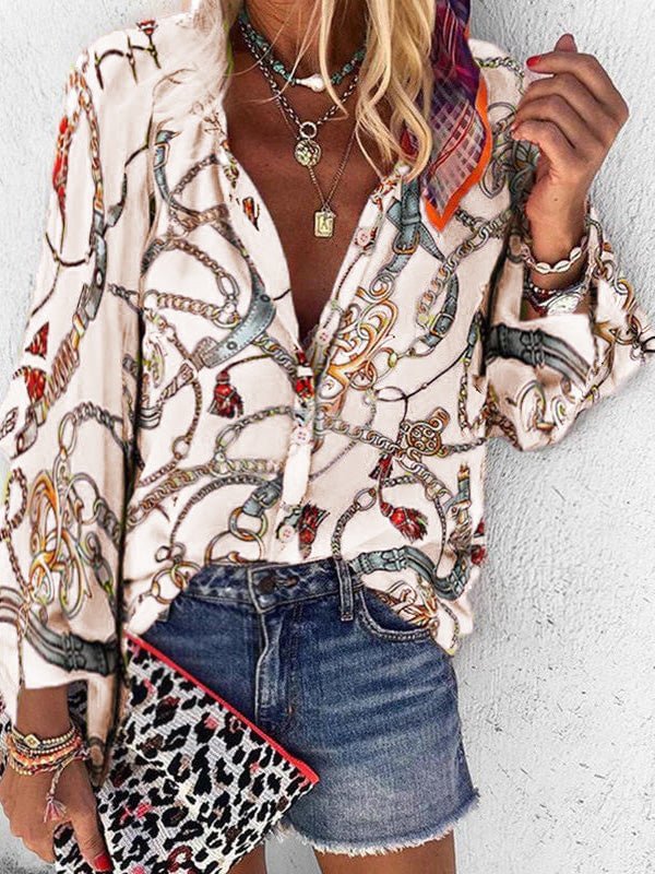 Women's Blouses Chain Print Stand Collar Long Sleeve Blouse