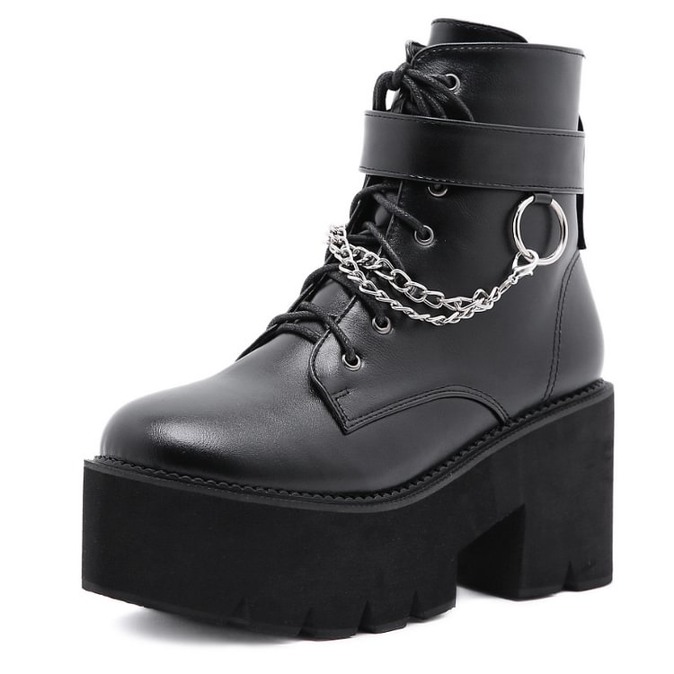 Platform PU Chains Lace Up Chunky Heels Ankle Booties