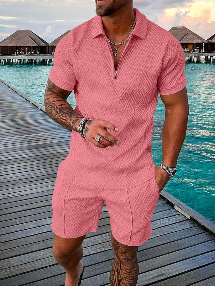 Men's Seaside Leisure Pink Printing Polo Suit