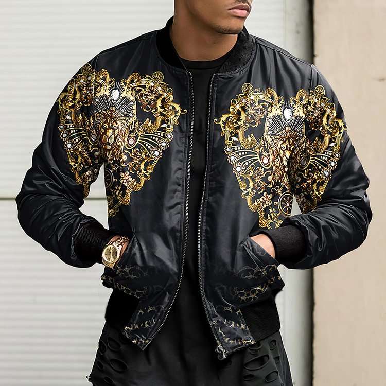 BrosWear Fashion Baroque Gold Lion Baseball Jacket