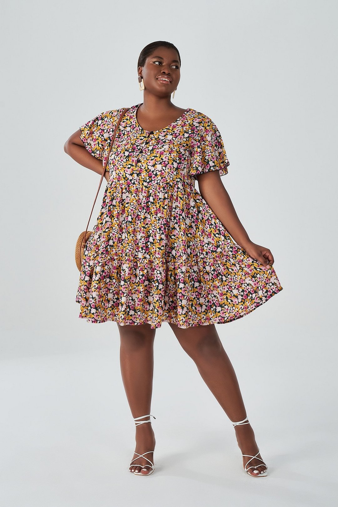 Floral-print Round-neck Button-front Short-sleeved Tiered Mini Dress P12001