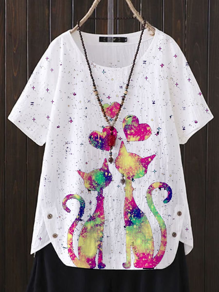 Cat And Heart Printed Short Sleeve Linen Top