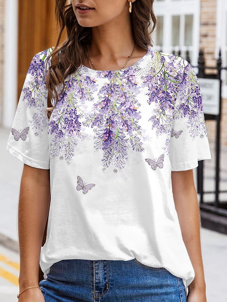 Women's Printed Purple Printed Butterfly Simple Round Neck T-shirt