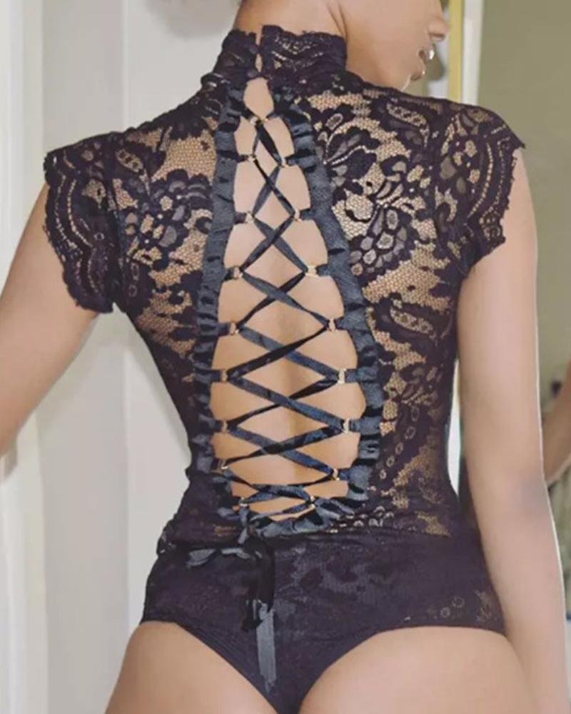 Solid Lace Cut-out Sleeveless Bodysuit P15160