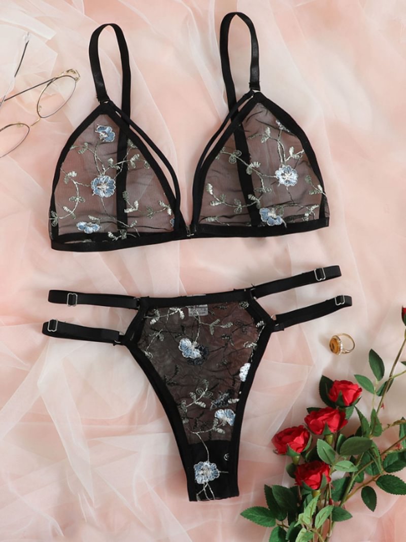 Floral Embroidered Mesh Cut-out Lingerie Set-Icossi