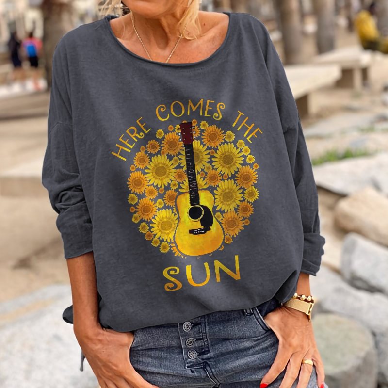 Guitar And Sunflower Print Round Neck Long Sleeve Tee