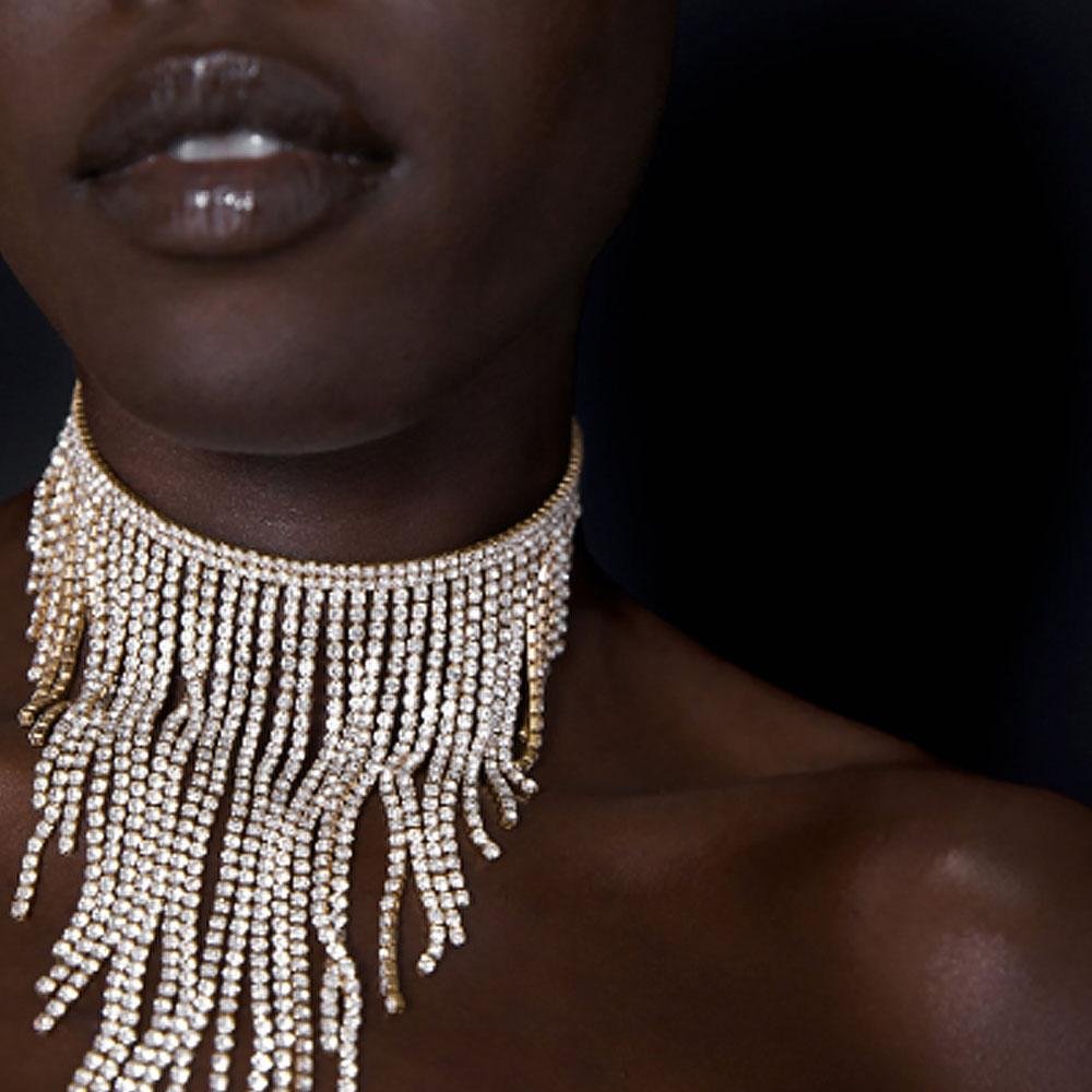 Rhinestone Long Chain Tassel Choker Necklaces Wedding Crystal Jewelry-VESSFUL