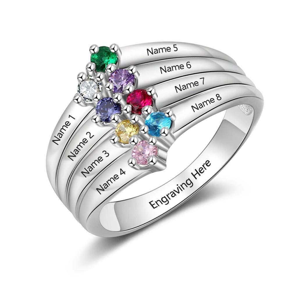 925 Sterling Silver Personalized Engraved Name Ring with 8 Names and 8 Birthstones