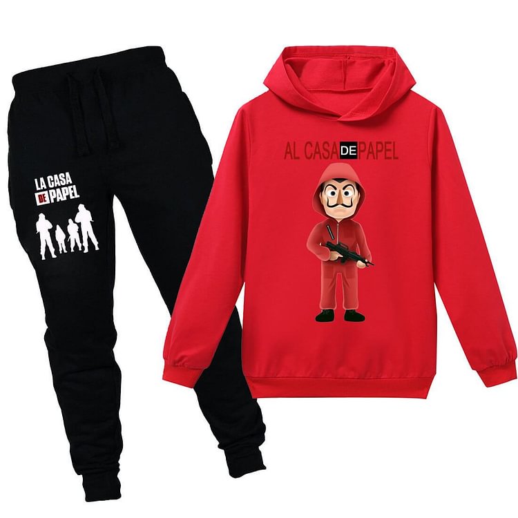 Mayoulove Girls Boys Money Heist Print Cotton Hoodie And Sweatpants Sport Suit-Mayoulove