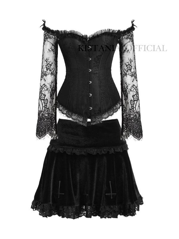 Vintage Lace Paneled Drawstring Long Lace Bell Sleeve Corset + Lace Cross Embroidery Ruched High Waist Skirts 2 Pieces Sets