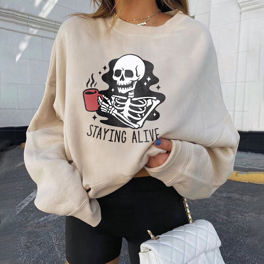 Minnieskull Staying Alive Skull Print Women's Casual Sweatshirt - Minnieskull