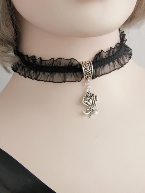 Dark Solid Black Lace Basic Choker with Rose Pendant