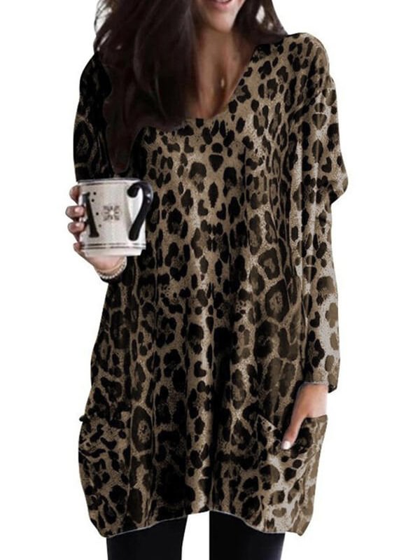 Leopard V-Neck Long Sleeves Casual Knit Blouses