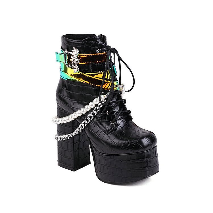 Layered Chain Color Block Straps Square Toe Platform Boots