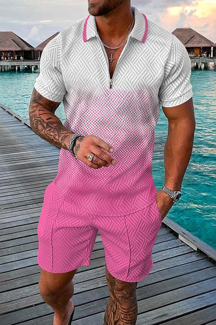 Tiboyz Fashion Gradient Men's Casual Short Sleeve Polo Shirt Set