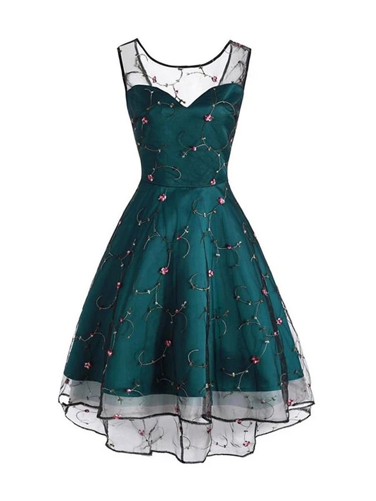 Mayoulove 1950s Dress Mesh Sleeveless Floral Skater Dress-Mayoulove