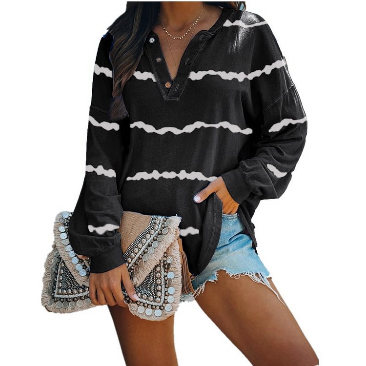 Women's Top Striped Printed V-neck Buttoned Long-sleeved T-shirt